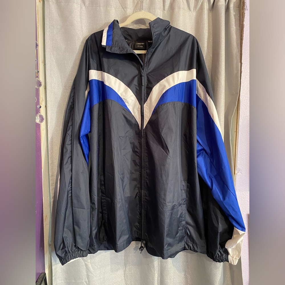 Windbreaker with Blue and White Accents and water resistant.